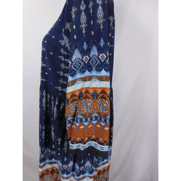 Bohemian Navy & Orange Print Dress Size M Boho Shift - Picture 9 of 11